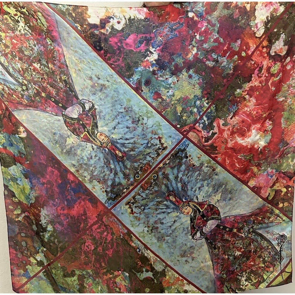 large, colorful square Mongolian silk scarf, expressive abstract art